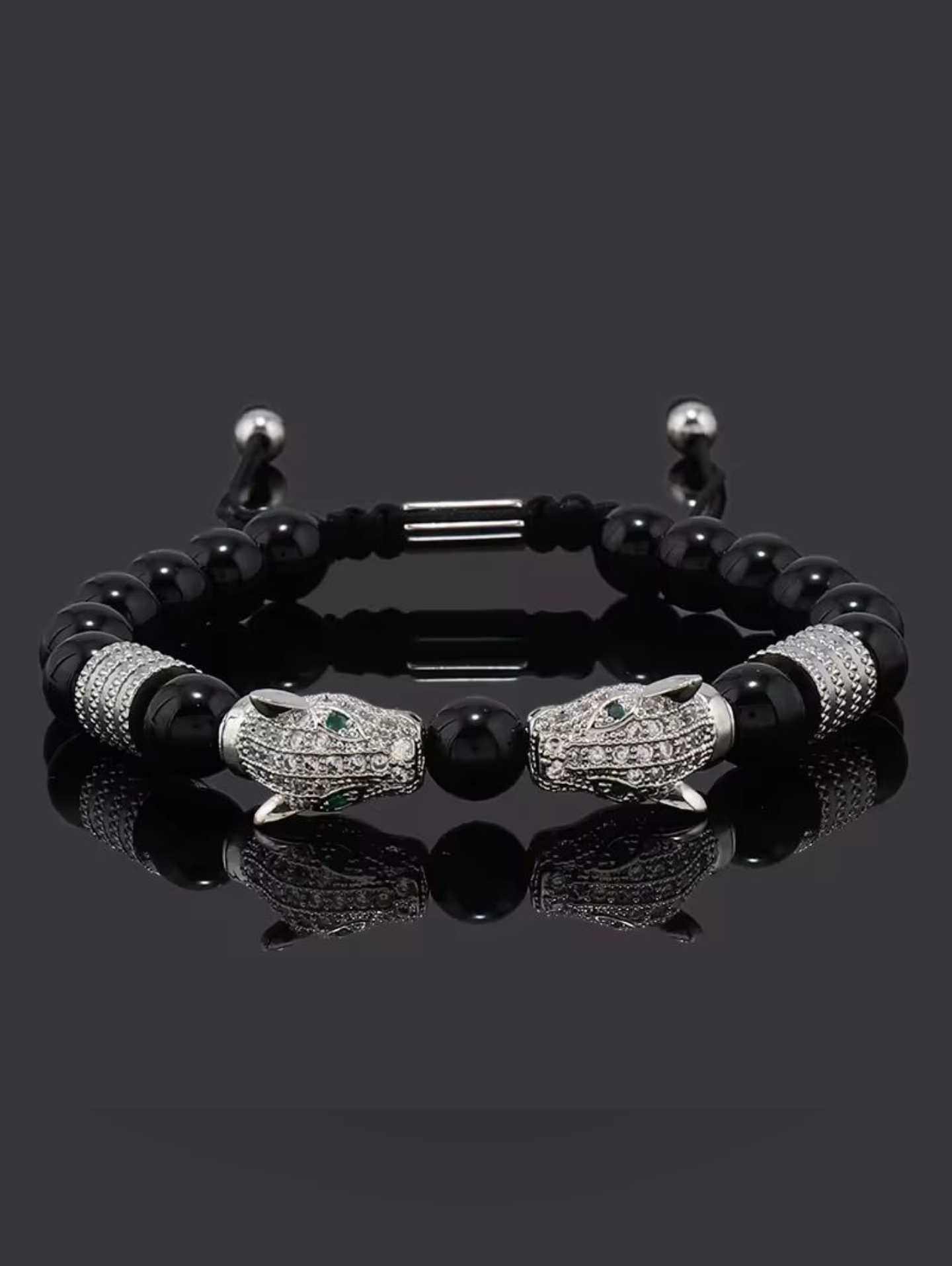 Black Beaded Bracelet With Pav Panther Heads